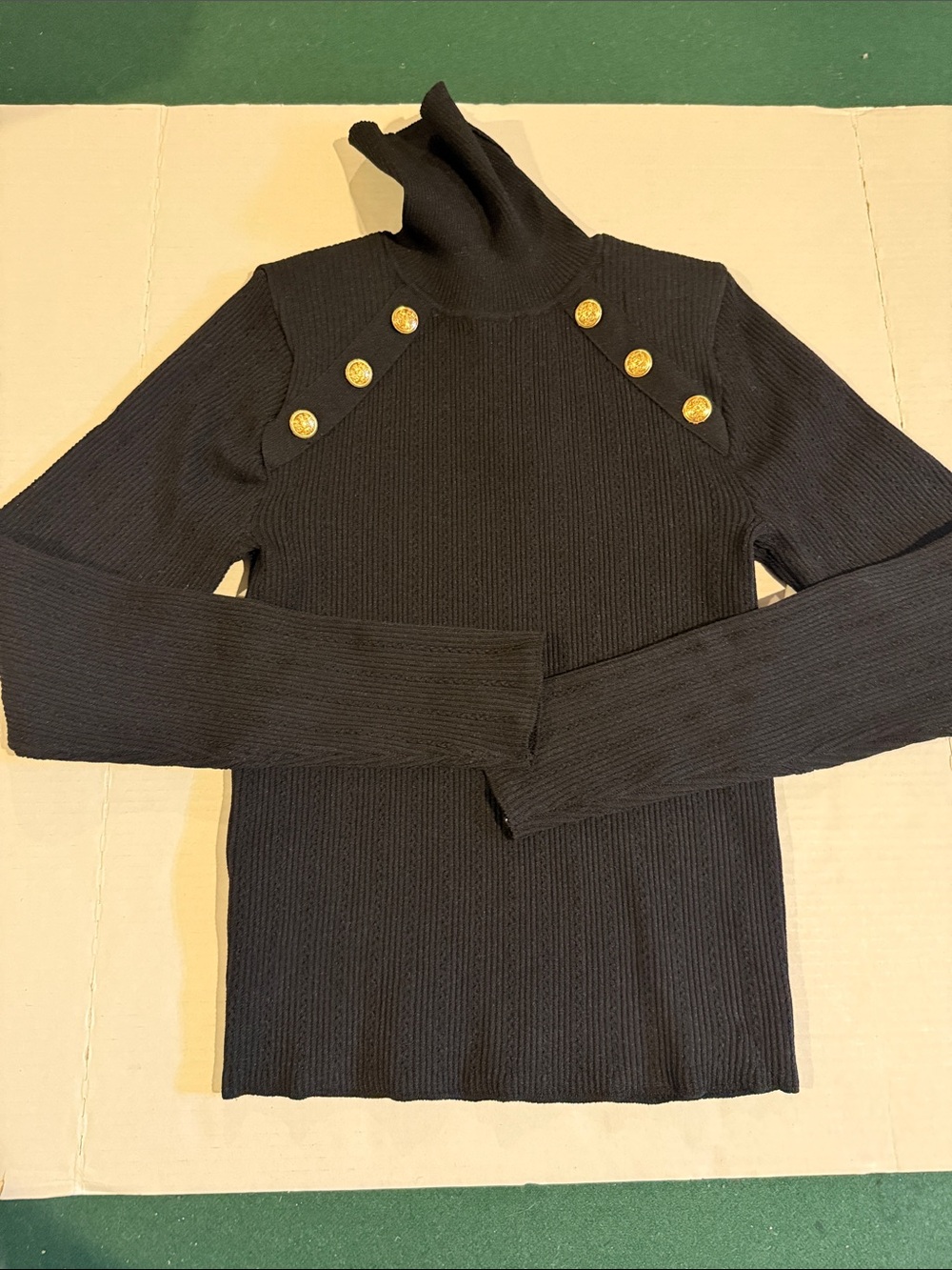 Aqua Black Ribbed Turtleneck Sweater with Gold Buttons